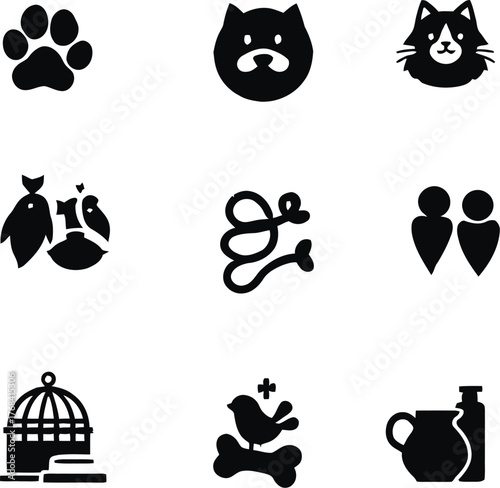 Collection of pet related icons including dog cat bird fish and accessories in black and white style silhouette