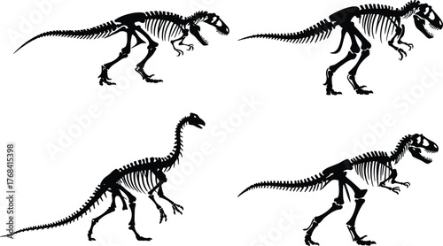 Dinosaur skeleton silhouette, prehistoric bones, fossil illustration, extinct species, paleontology art, black vector, anatomy study