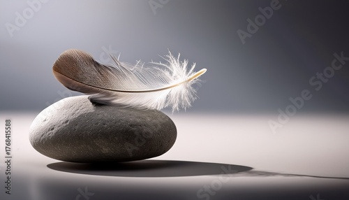 extraordinary photo realistic feather and stone symbolizing lightness and heaviness with ample space