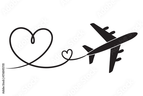 Heart and airplane silhouette travel love concept icon
