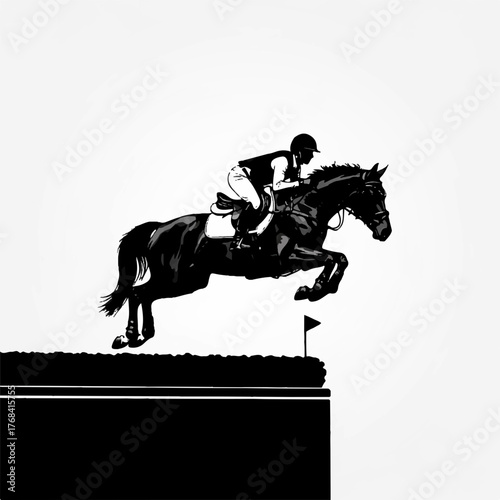 Equestrian rider and horse jumping over an obstacle
