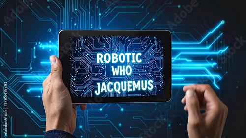 Hands holding a tablet displaying digital circuits and the words 