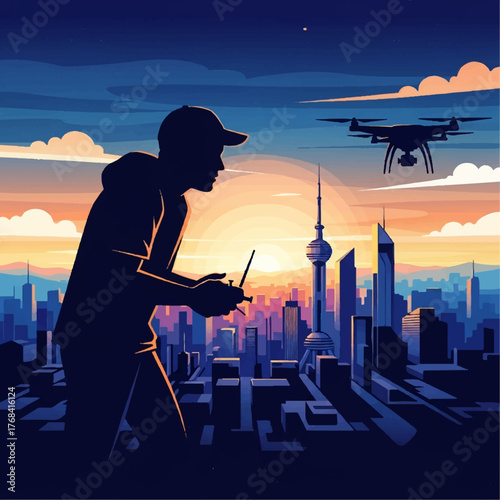 Silhouette of a person controlling a drone over a city skyline at sunset, with a warm glow illuminating the sky and buildings