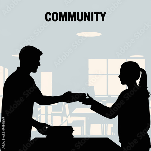 Two people in silhouette exchanging an item, with the word community above them, symbolizing connection and collaboration in a shared space