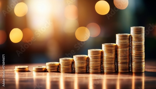 superb rows stacks of coins with blurred background and blank space