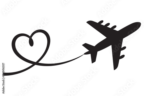 Heart and airplane silhouette travel love concept icon
