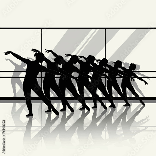 A line of ballerinas in silhouette performing a dance routine in a studio with mirrors and a barre