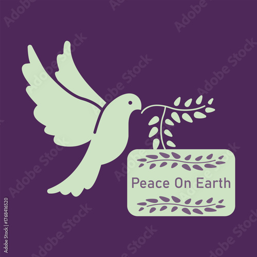 Peace on Earth dove holding olive branch minimalist design on purple background, symbol of love, harmony, and hope 