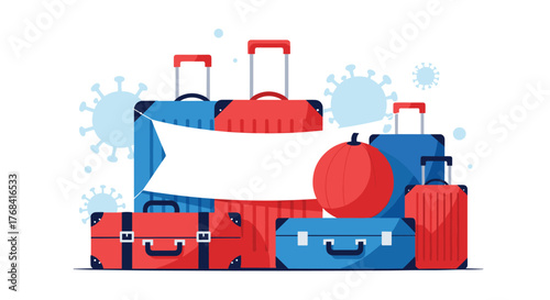 Collection of travel suitcases and coronavirus icons symbolizing travel restrictions.