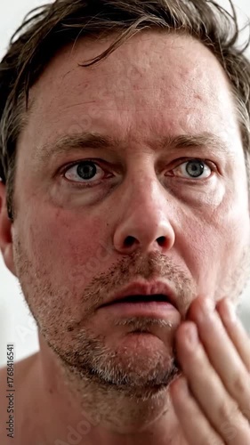 Close-up of a man with hand over his face; likely in distress