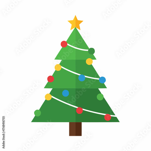 Festive green christmas tree illustration with colorful ornaments and star topper scalable vector graphic