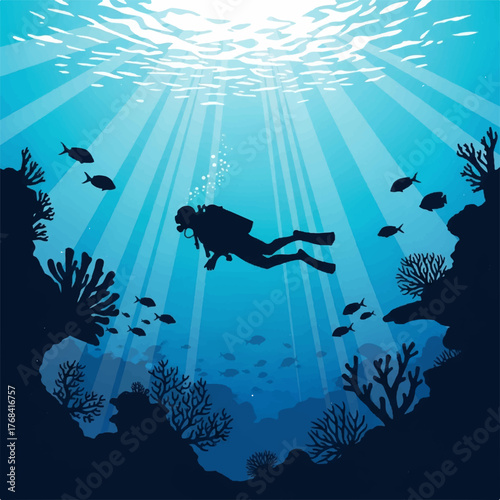 Silhouette of a scuba diver exploring a vibrant coral reef teeming with small fish, illuminated by dramatic sunbeams piercing the ocean surface