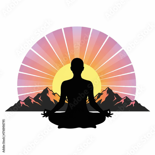 Silhouette of a person meditating in a lotus position against a backdrop of mountains and a rising sun