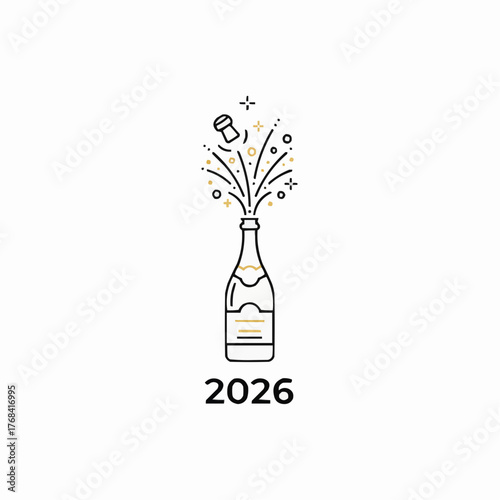 Vector illustration of champagne bottle popping cork with year 2026 celebration design scalable eps