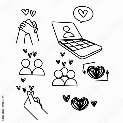 hand drawn doodle Friendship and love line icons. Interaction, Mutual understanding and assistance business.isolated