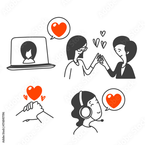 hand drawn doodle Friendship and love line icons. Interaction, Mutual understanding and assistance business.isolated