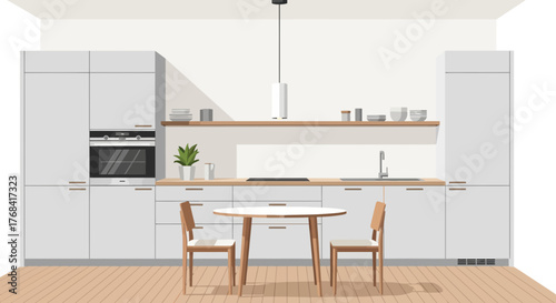 Modern kitchen interior with dining table and stylish cabinets, evoking a sense of home and culinary inspiration for design and real estate ventures