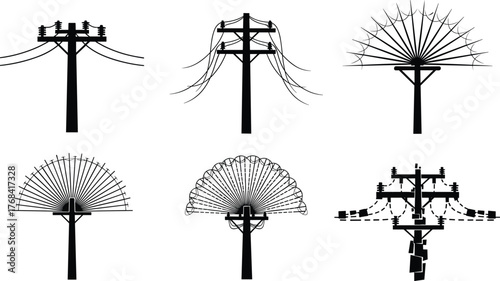 Electric power pole silhouette set, electricity line design, industrial energy distribution concept, transmission structure illustration, utility infrastructure vector collection