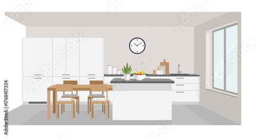 Modern minimalist kitchen design with dining table and island, perfect for lifestyle blogs and interior design inspiration, creating a bright and airy space