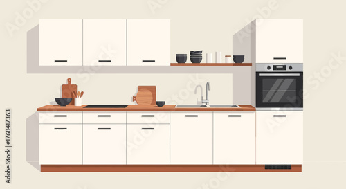 Modern kitchen interior design with sleek white cabinets and wooden countertops, perfect for home decor inspiration or culinary-themed projects