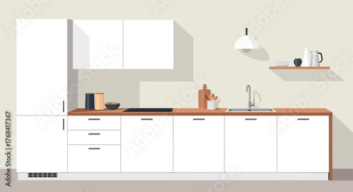 Modern Kitchen Interior Design: Clean White Cabinets and Wood Countertops for Culinary Creativity and Stylish Home Decor, Minimalist Cooking Space