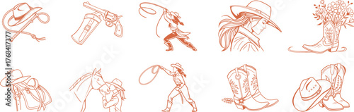Western cowboy sketch icons collection featuring hats, boots, lassos, and horses. Rustic hand-drawn vintage line art in sepia tones. Perfect for rodeo, country, and ranch designs.