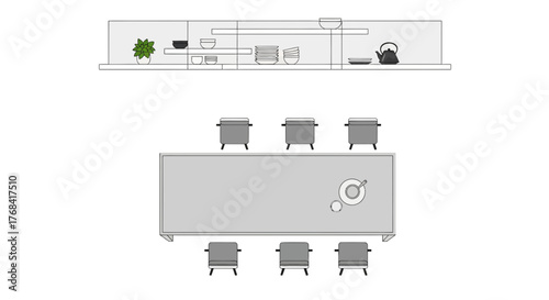 Simple dining room illustration with clean lines and modern furniture, perfect for interior design layouts and contemporary home concepts, showcasing calm minimalism