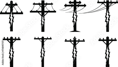 Electric power poles with lightning bolt icons, black and white vector illustration symbolizing electricity, energy, danger, and electrical infrastructure design