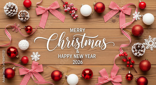 Merry Christmas and Happy New Year 2026 - Festive Decorations on a Wooden Background