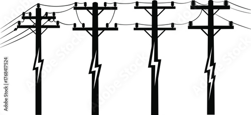 Electric power poles with lightning bolt symbols and transmission wires, black and white vector illustration showing energy, electricity, infrastructure, and danger