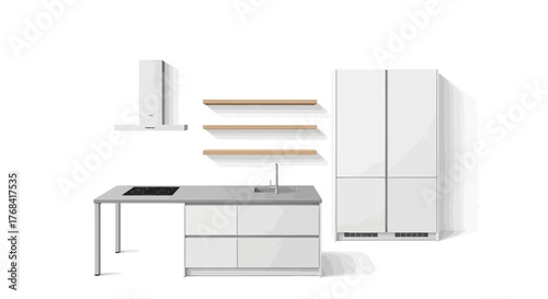 Modern kitchen design showcasing sleek white cabinets, stainless steel appliances, and minimalist floating shelves for a clean, contemporary aesthetic