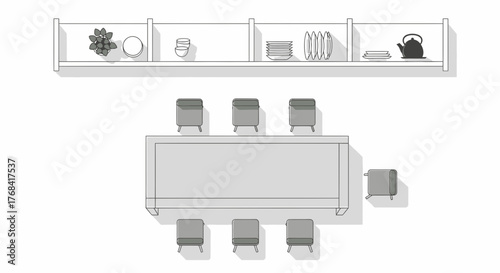 Modern dining area with sleek furniture and stylish decor, perfect for showcasing interior design or minimalist living with a clean, simple aesthetic