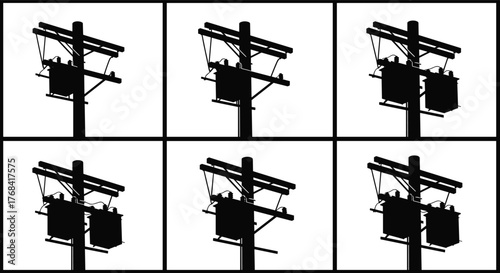 Electric power poles with transformers and cables, black and white vector illustration showing electricity distribution network and high voltage infrastructure