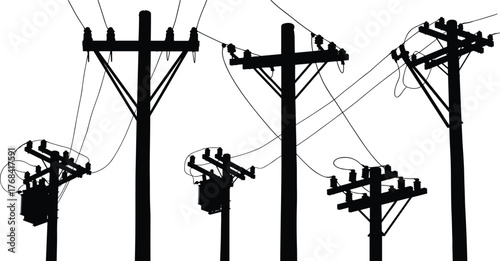 Electric power poles with transformers and cables, black and white vector illustration showing electricity transmission, high voltage energy distribution system