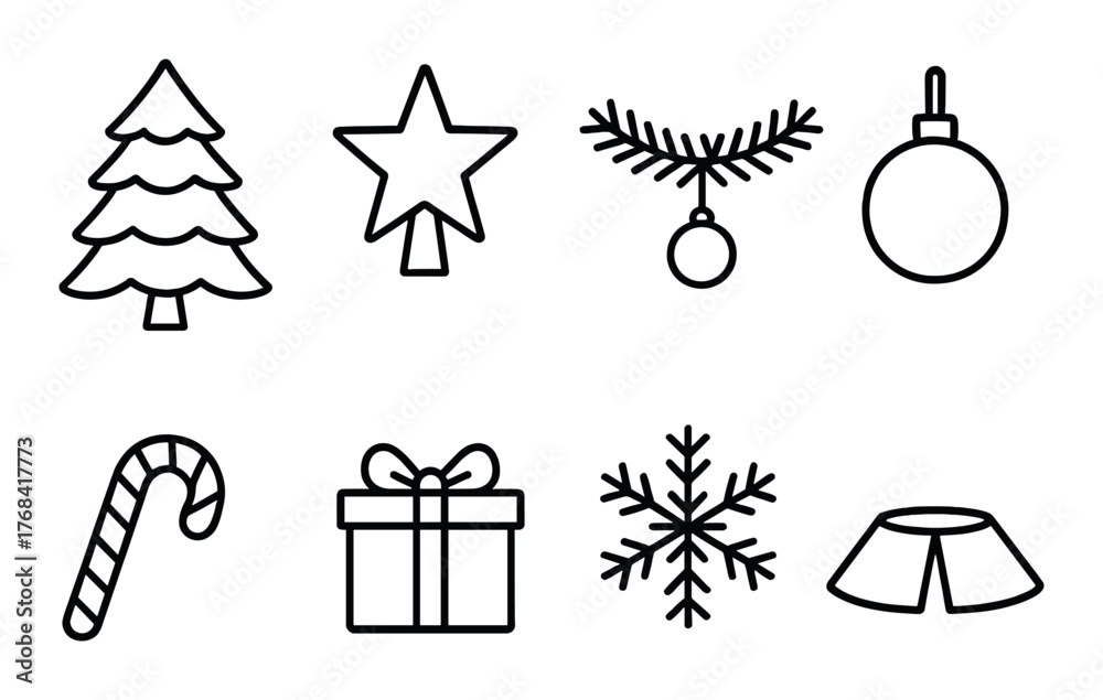 Fototapeta premium Minimalistic christmas icons featuring tree, star, ornament, and gift box on dark background