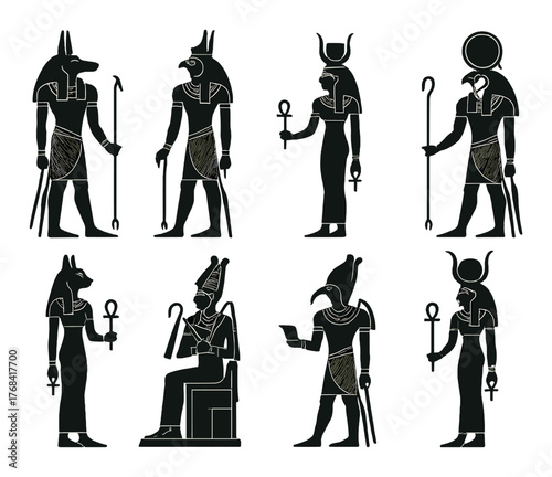 Ancient egyptian deities silhouettes on olive background featuring anubis horus ra hathor