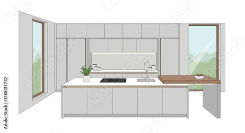 Sleek modern kitchen design showcasing a stylish island, inviting natural light, and contemporary minimalist aesthetic for a serene home environment