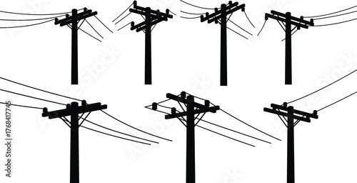 Electric utility poles with power transmission lines, black and white silhouette illustration showing electricity distribution, industrial network, and infrastructure design