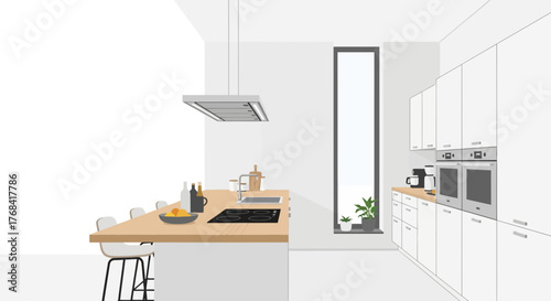 Serene minimalist kitchen interior design featuring sleek white cabinetry, a central island, and natural light, ideal for modern home decor inspiration