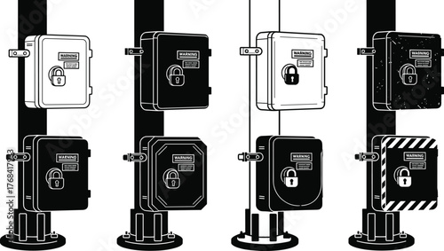 Electrical control panel box silhouette, warning lock sign, industrial safety cabinet design on pole, energy equipment black and white illustration