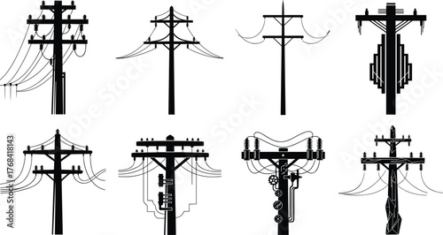 Set of different electrical power poles and utility line structures, high voltage distribution, transmission tower silhouette, energy infrastructure design