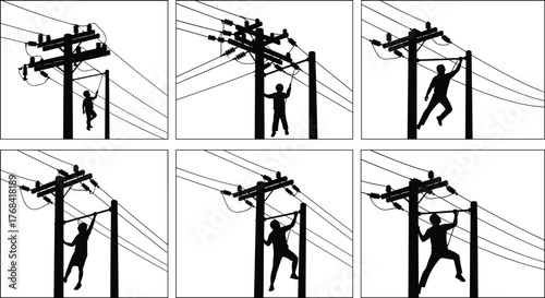 Silhouette lineman working on electric power pole, utility worker maintenance on high voltage wires, safety training, electricity transmission repair illustration