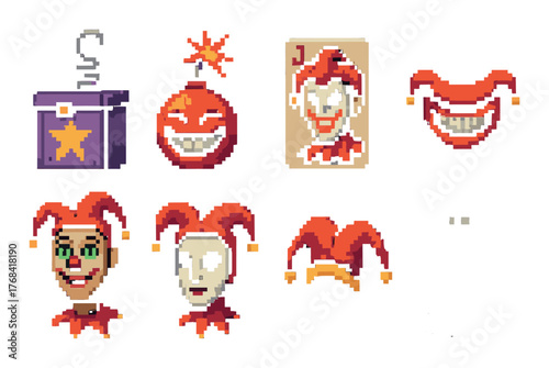 Collection of 8-bit jester icons featuring masks and smiles