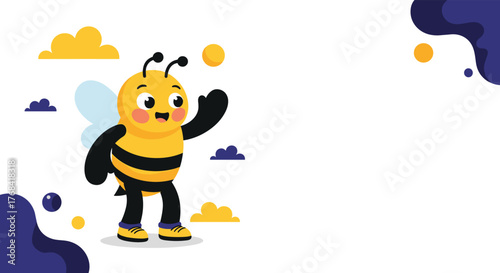Cute cartoon bee character with wings, waving and standing among clouds and colorful blobs.