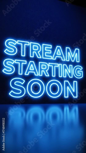 Vibrant blue neon 'STREAM STARTING SOON' text and reflection on a dark textured surface