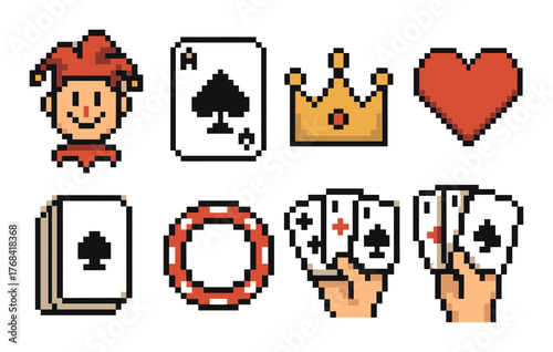 Pixel art playing cards: joker, spade, heart, crown, hands holding cards