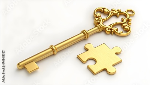 A golden key and a puzzle piece resting on a plain white surface.