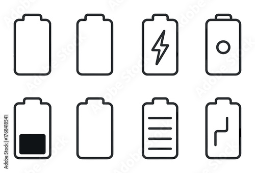Set of eight battery icon variations displaying different power levels and symbols