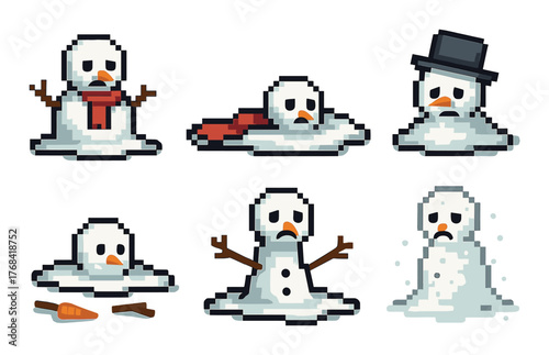 Pixel art melting snowmen with various expressions and accessories