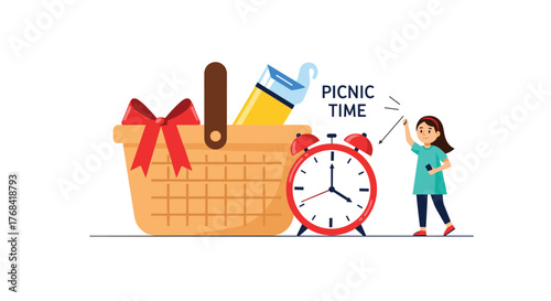 A cheerful girl sets the alarm clock for a picnic with a basket of goodies.